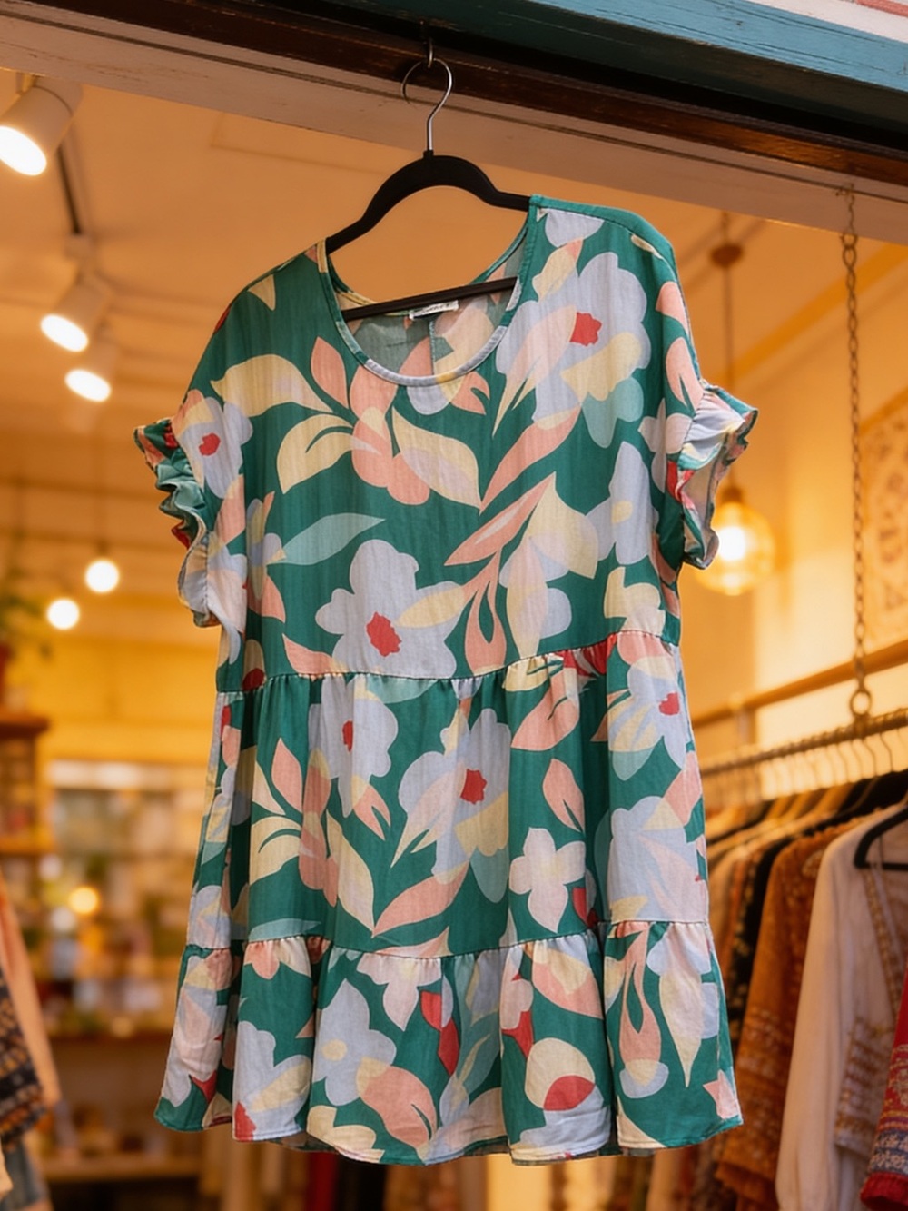Chic Soul Teal Floral Tiered Short Sleeve Tunic